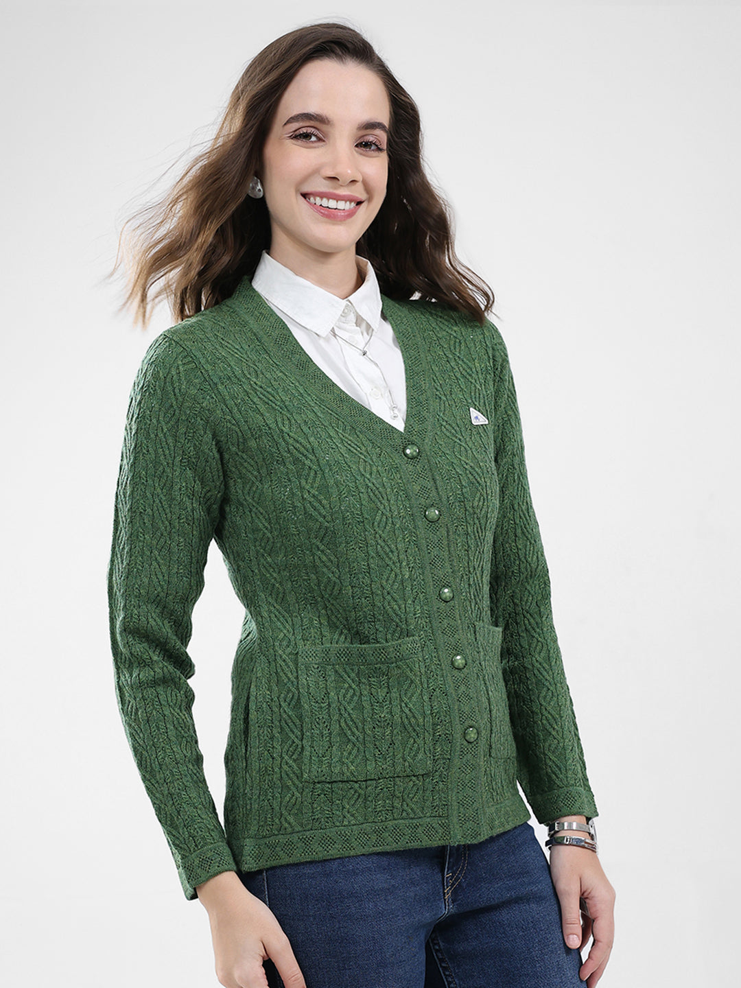 Women Green Self Design V Neck Full Sleeve Cardigan