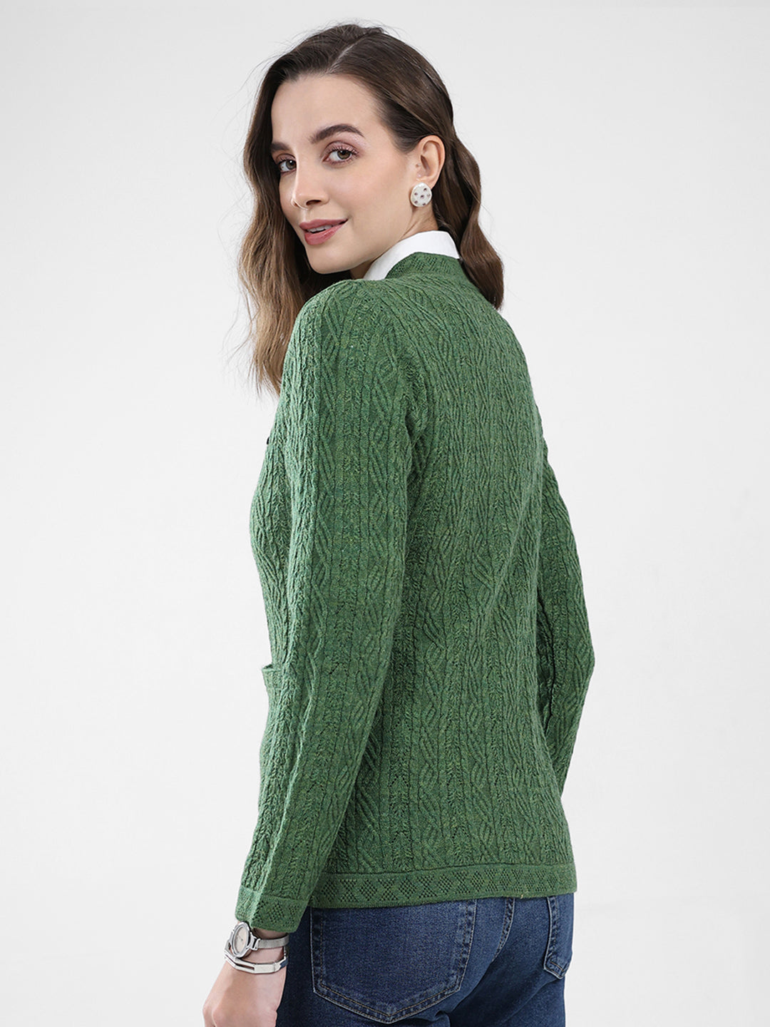 Women Green Self Design V Neck Full Sleeve Cardigan