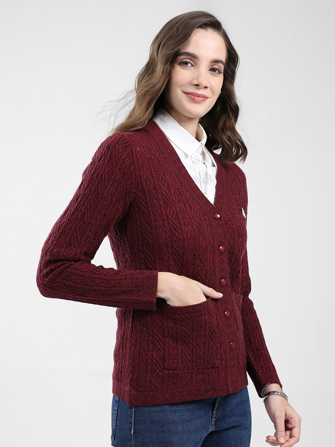 Women Maroon Self Design V Neck Full Sleeve Cardigan