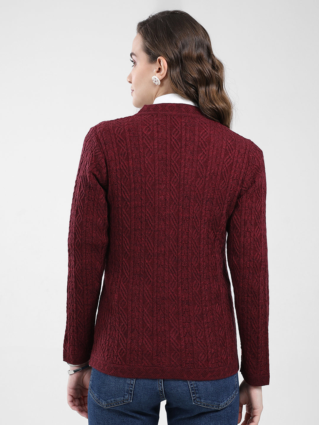 Women Maroon Self Design V Neck Full Sleeve Cardigan