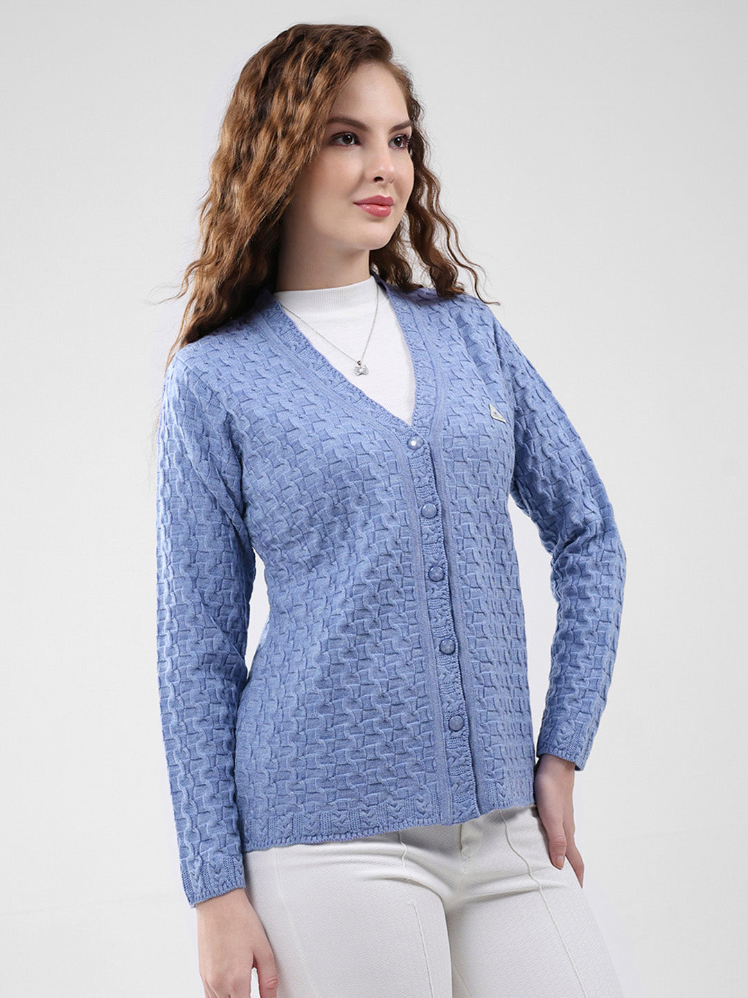 Women Purple Self Design V Neck Full Sleeve Cardigan