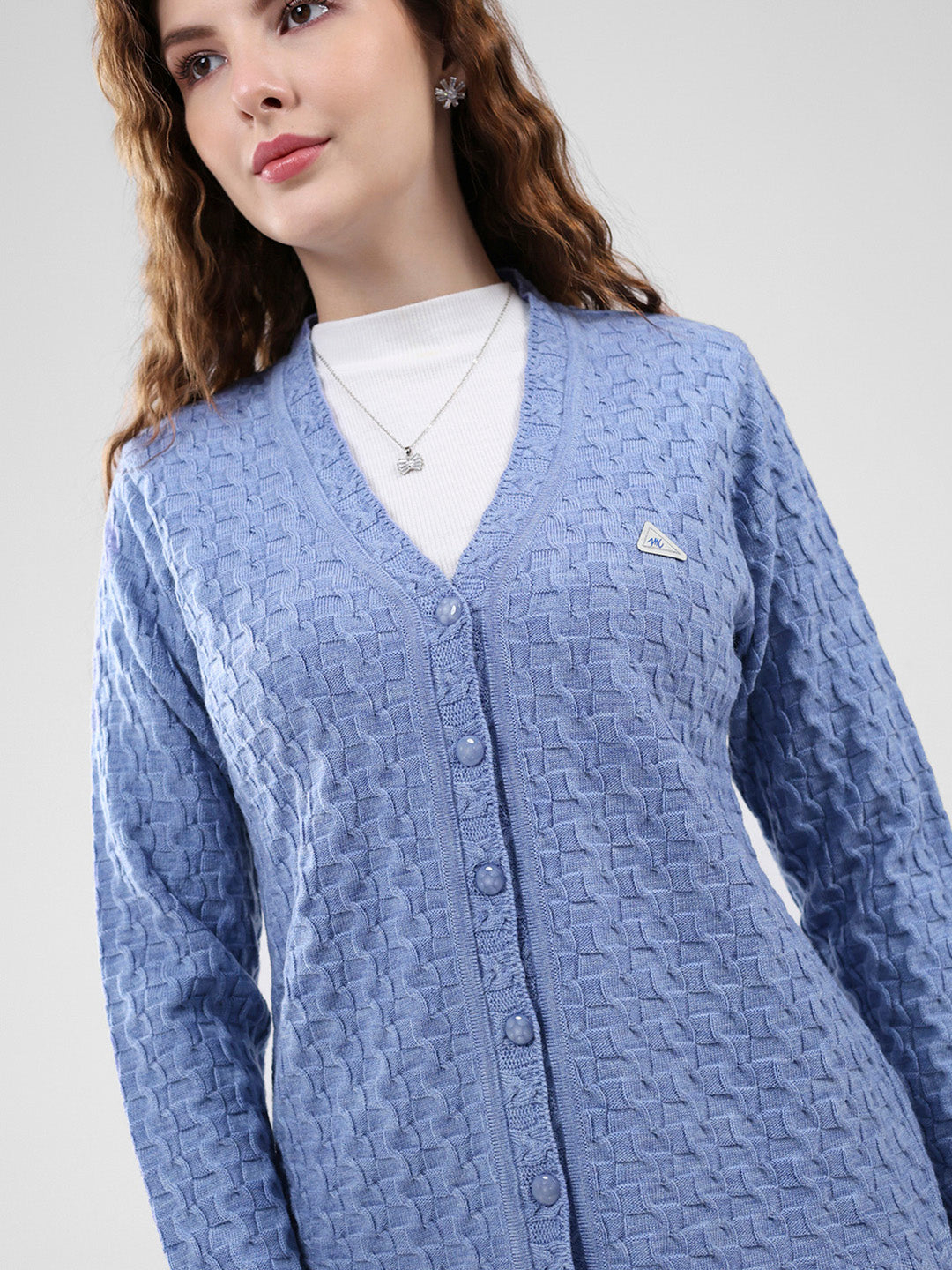 Women Purple Self Design V Neck Full Sleeve Cardigan