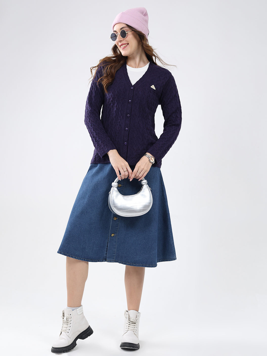 Women Purple Self Design V Neck Full Sleeve Cardigan