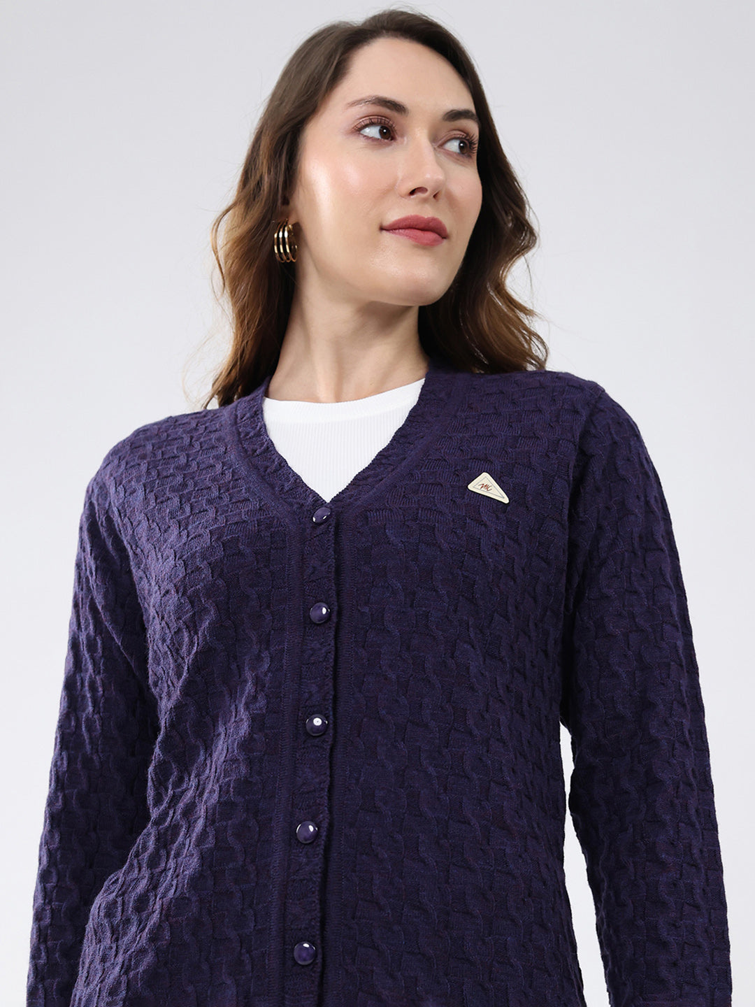 Women Purple Self Design V Neck Full Sleeve Cardigan