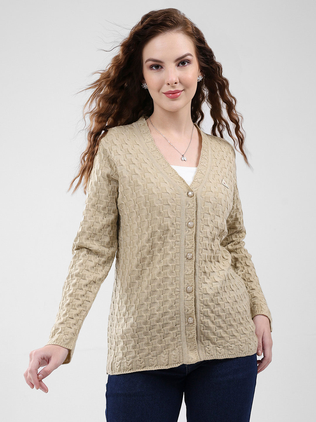 Women Brown Self Design V Neck Full Sleeve Cardigan