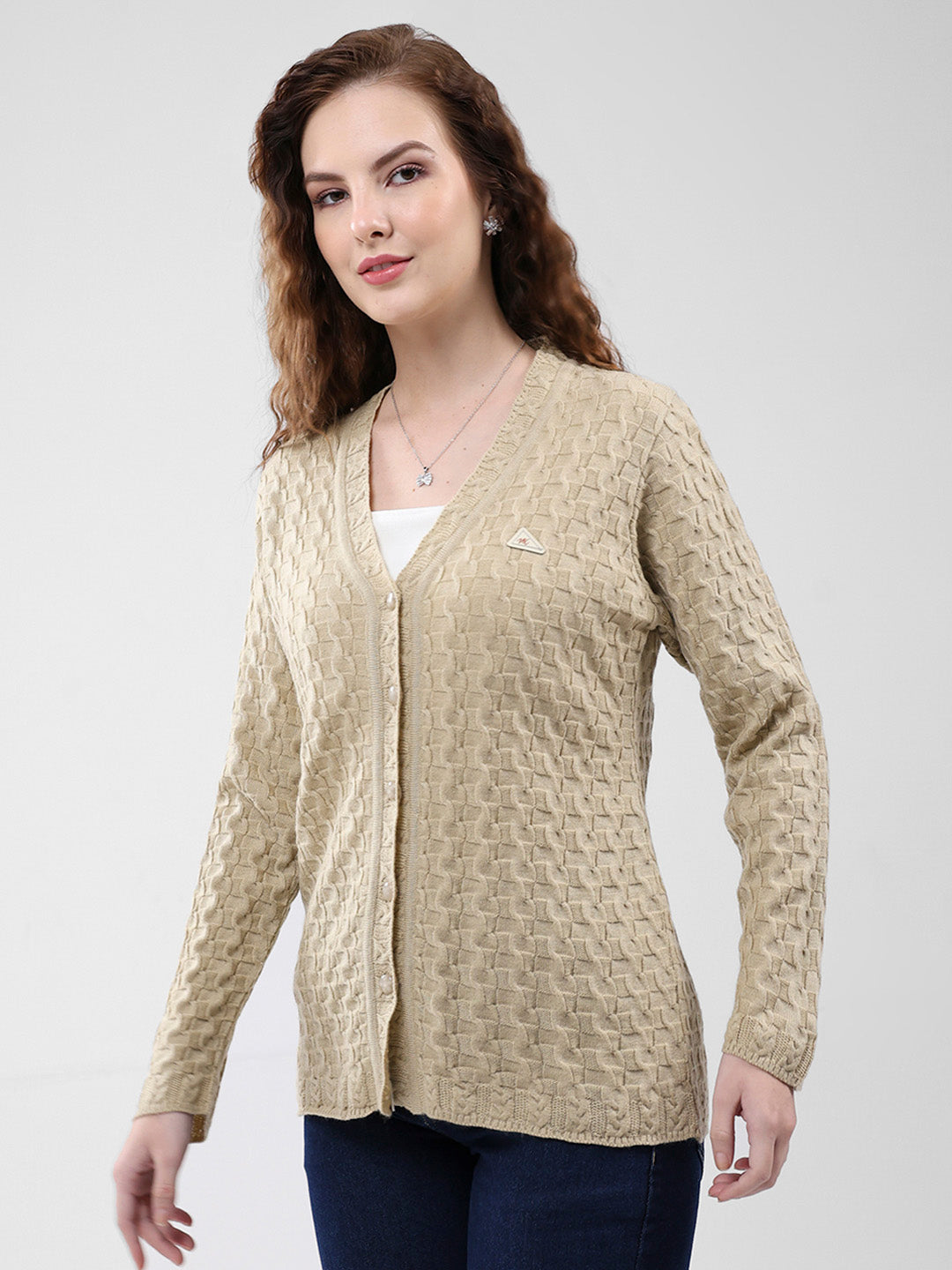 Women Brown Self Design V Neck Full Sleeve Cardigan