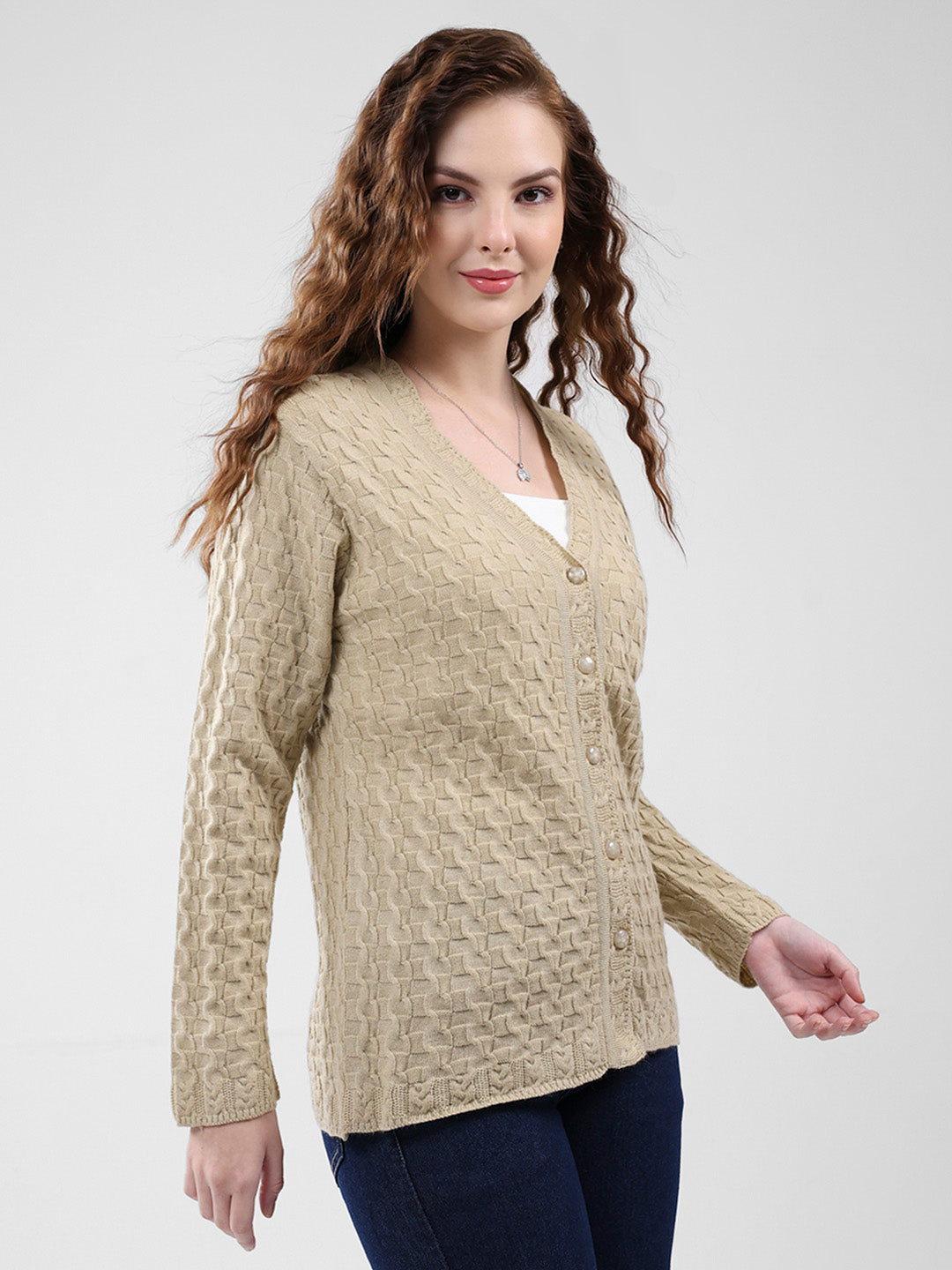 Women Brown Self Design V Neck Full Sleeve Cardigan
