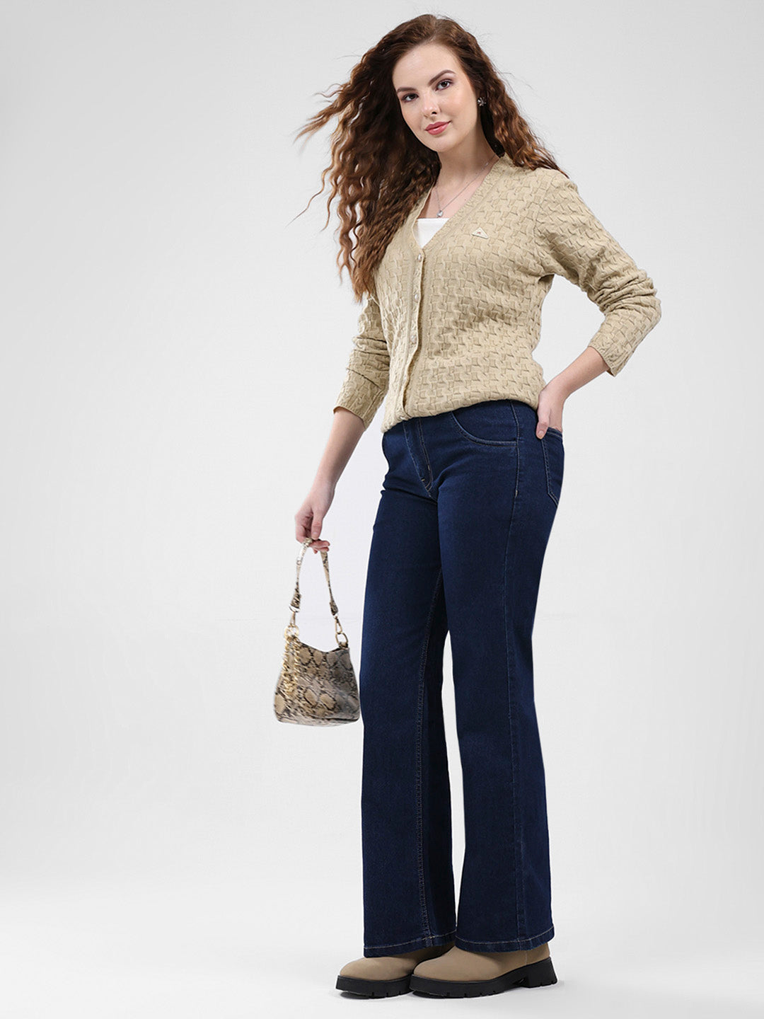 Women Brown Self Design V Neck Full Sleeve Cardigan