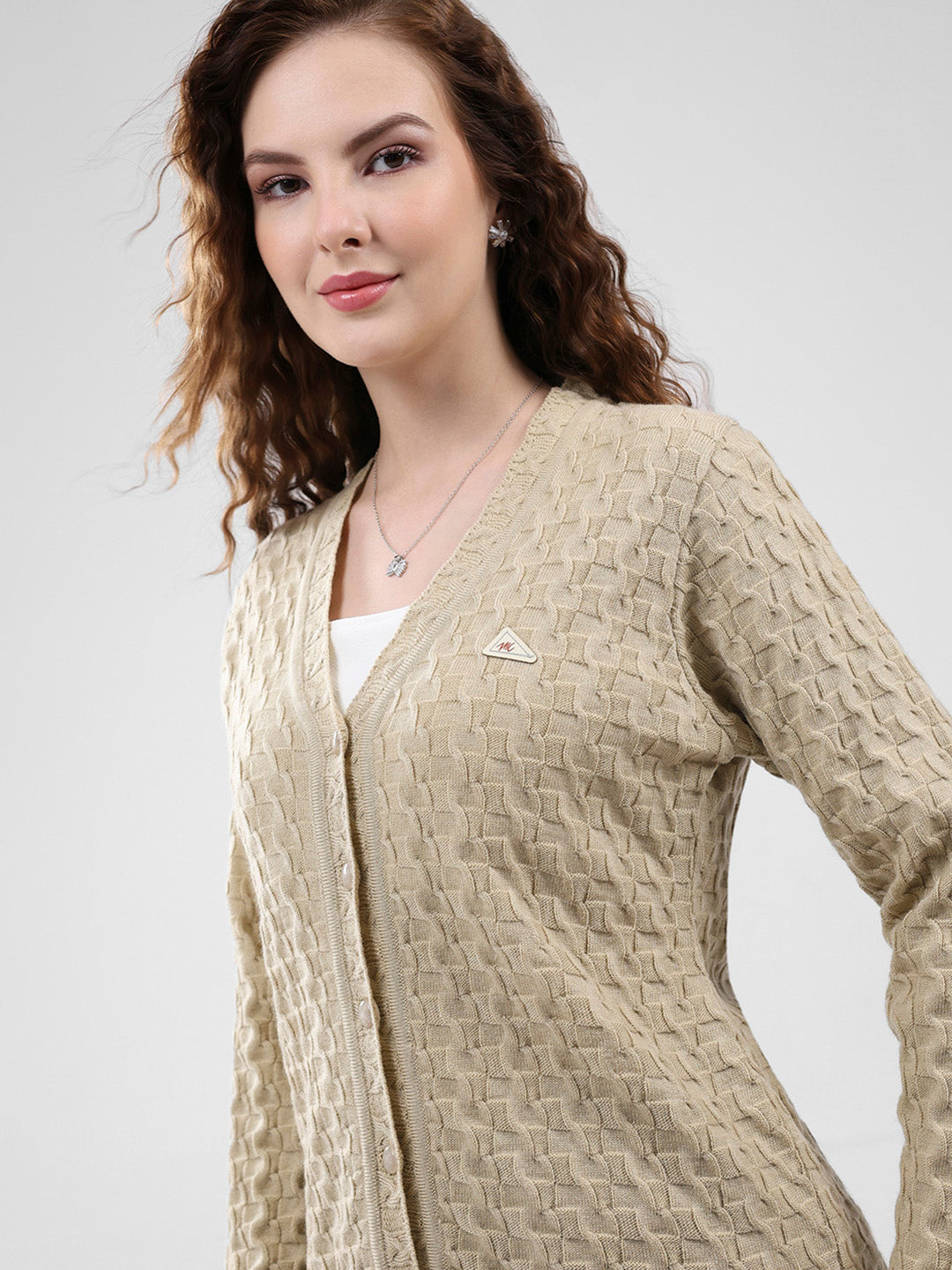 Women Brown Self Design V Neck Full Sleeve Cardigan