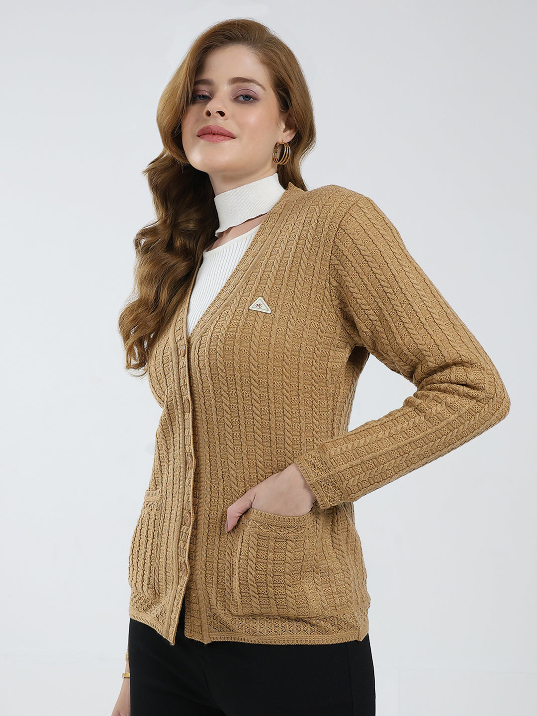 Women Brown Self Design V Neck Full Sleeve Cardigan