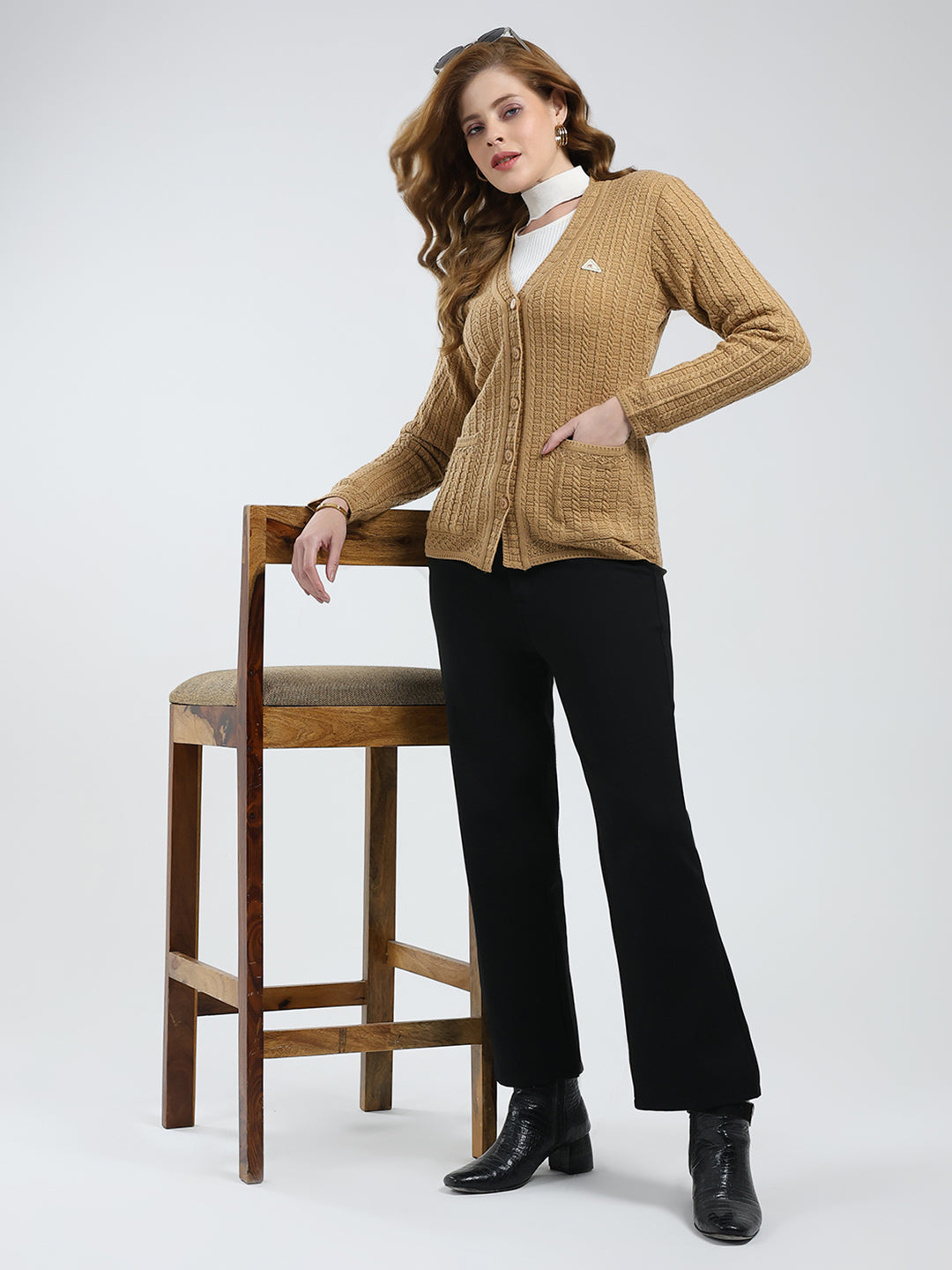 Women Brown Self Design V Neck Full Sleeve Cardigan