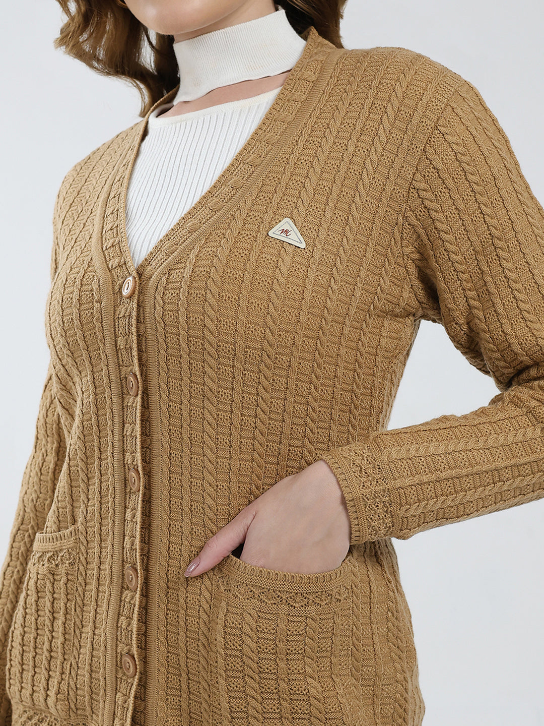 Women Brown Self Design V Neck Full Sleeve Cardigan