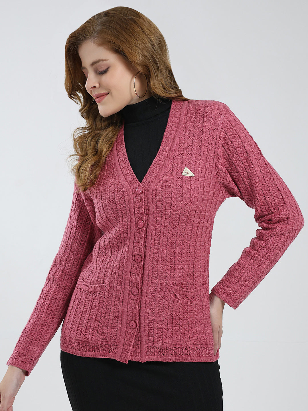 Women Pink Self Design V Neck Full Sleeve Cardigan