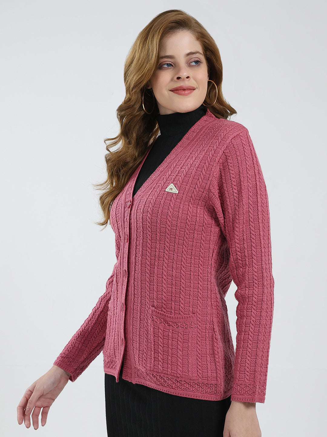 Women Pink Self Design V Neck Full Sleeve Cardigan