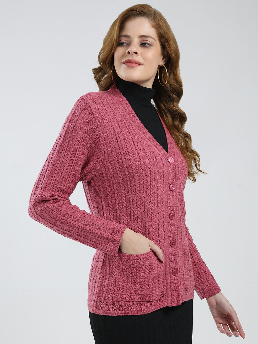 Women Pink Self Design V Neck Full Sleeve Cardigan