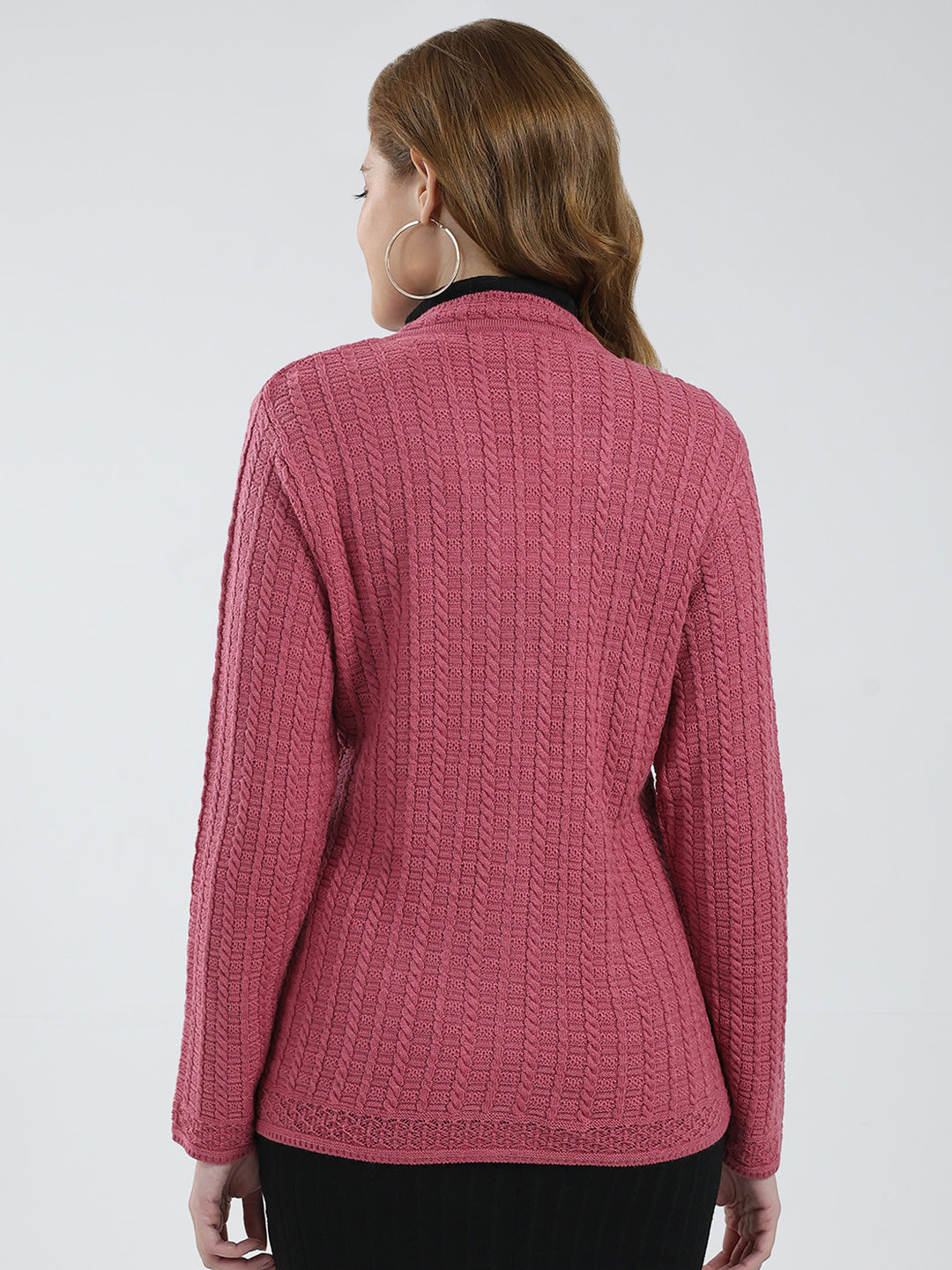 Women Pink Self Design V Neck Full Sleeve Cardigan