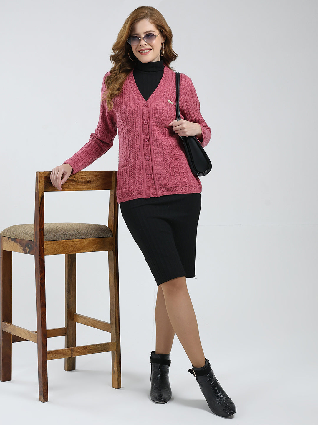 Women Pink Self Design V Neck Full Sleeve Cardigan
