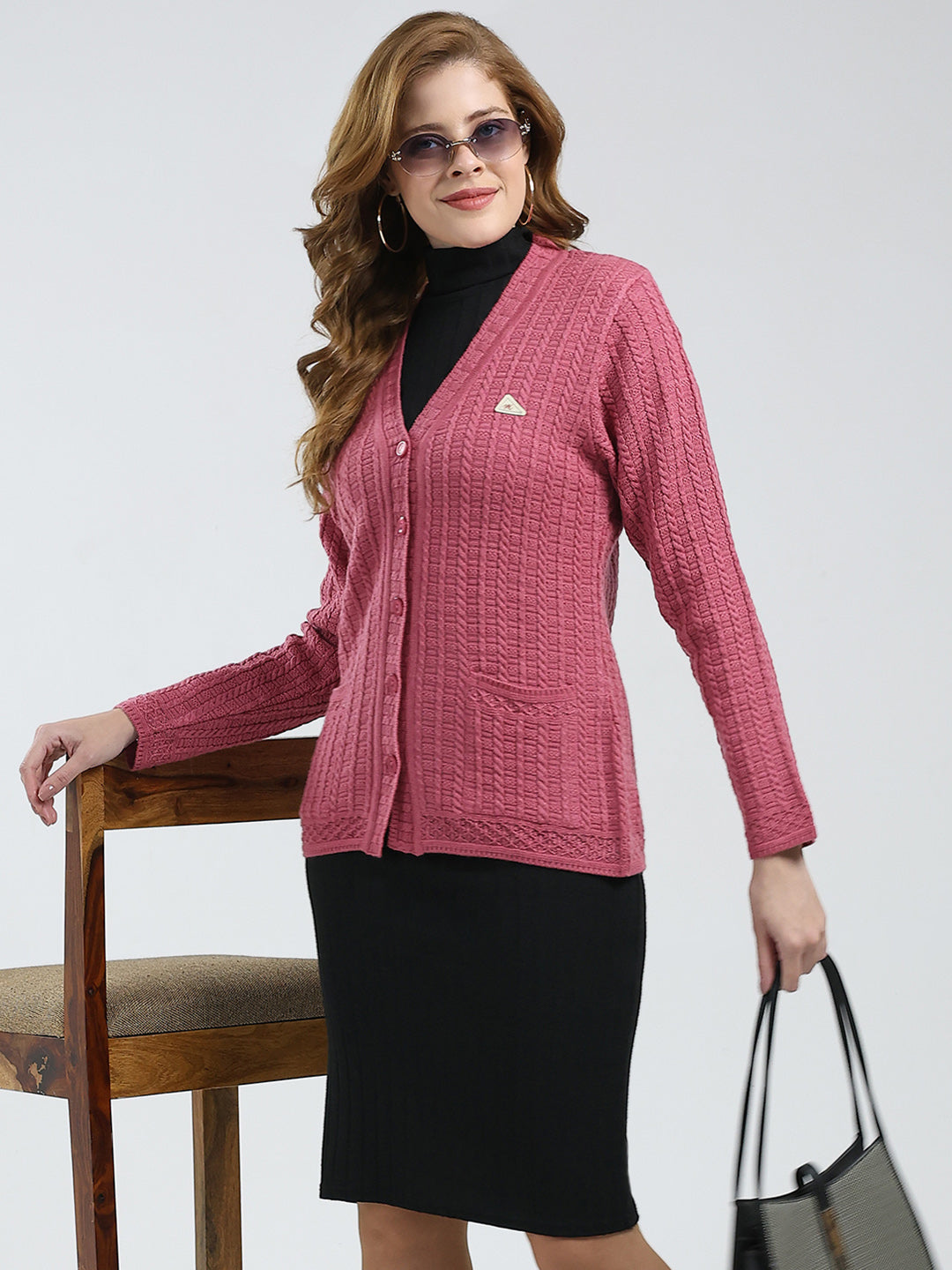 Women Pink Self Design V Neck Full Sleeve Cardigan