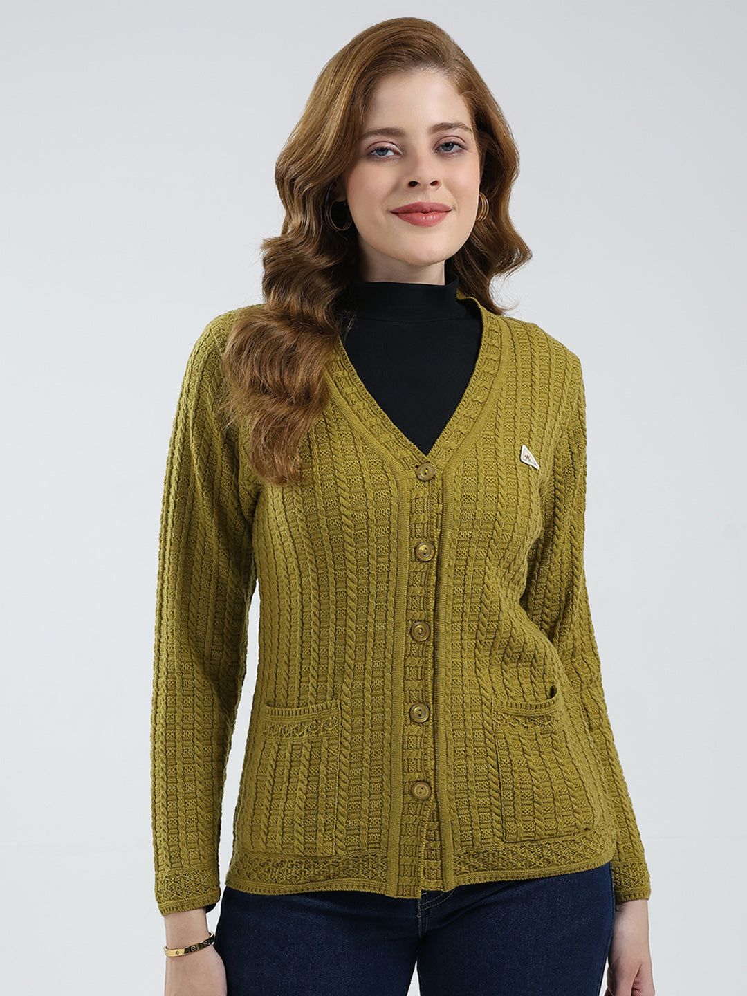 Women Mustard Self Design V Neck Full Sleeve Cardigan