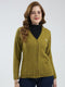 Women Mustard Self Design V Neck Full Sleeve Cardigan