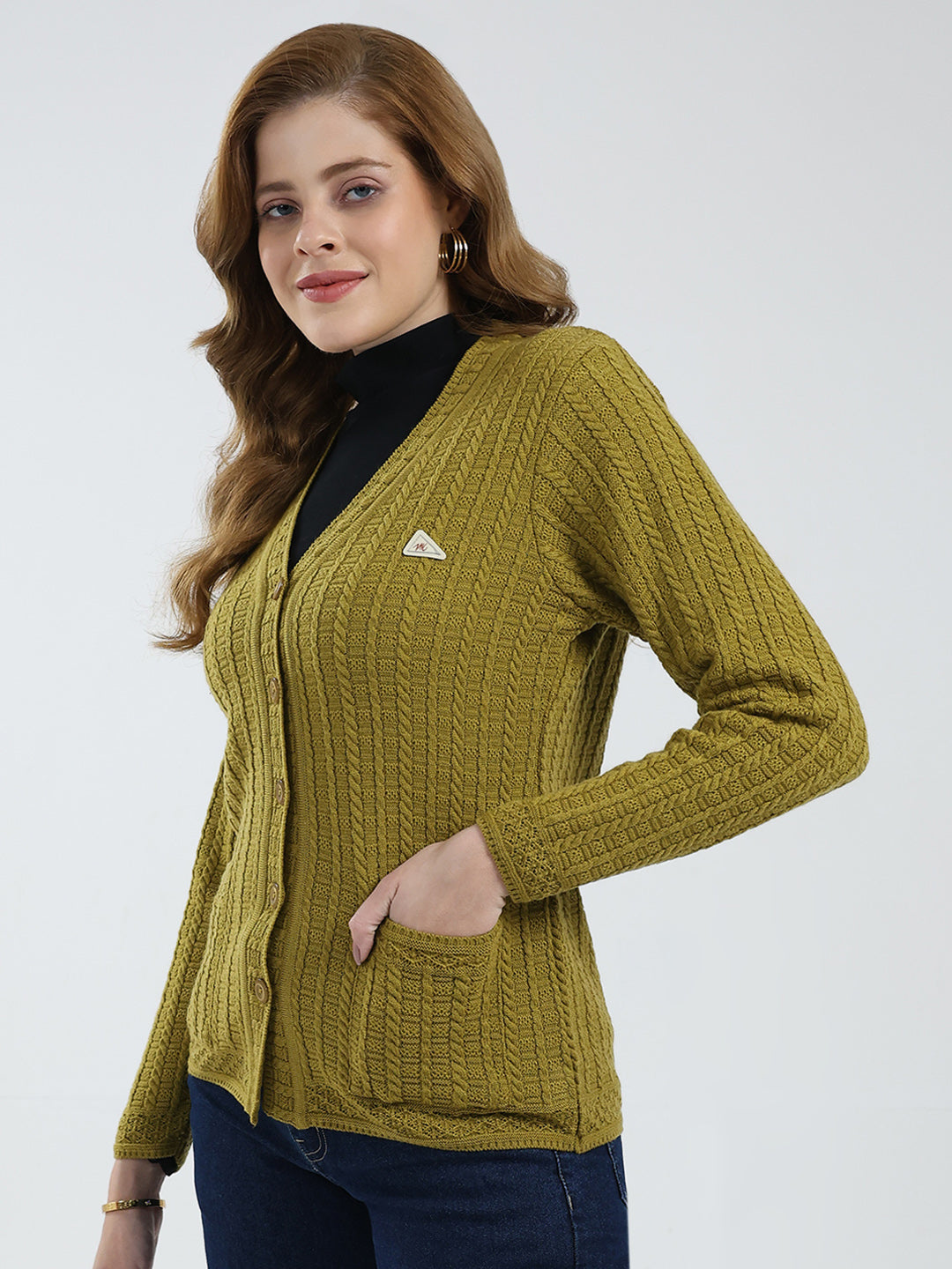Women Mustard Self Design V Neck Full Sleeve Cardigan