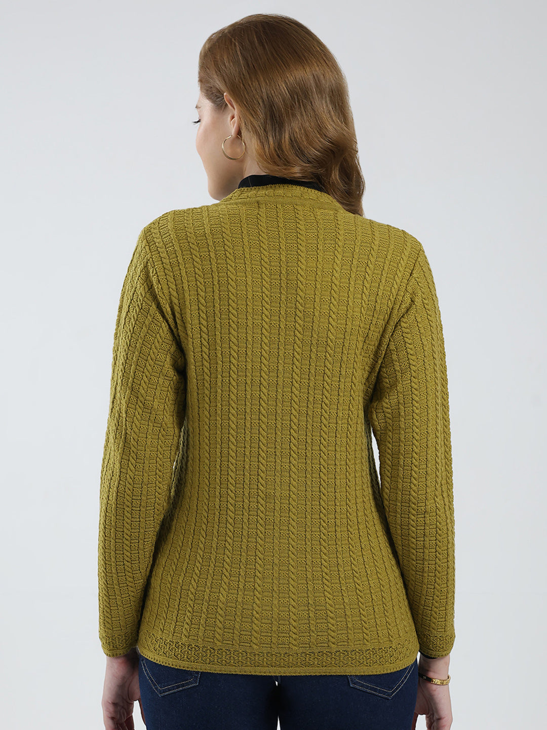 Women Mustard Self Design V Neck Full Sleeve Cardigan