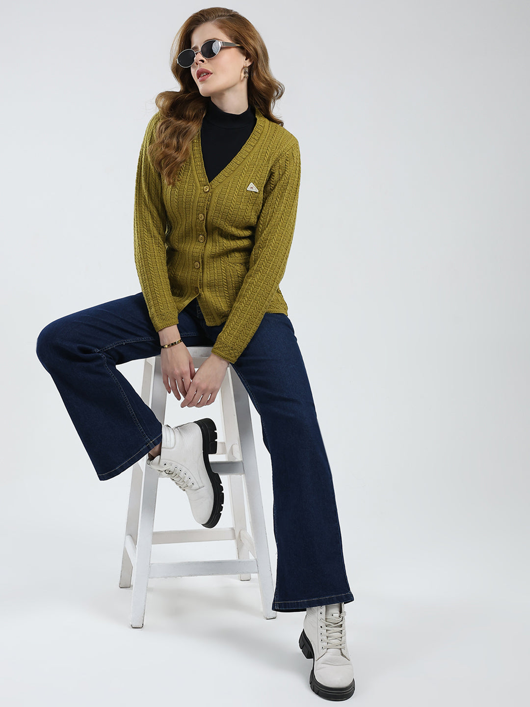 Women Mustard Self Design V Neck Full Sleeve Cardigan