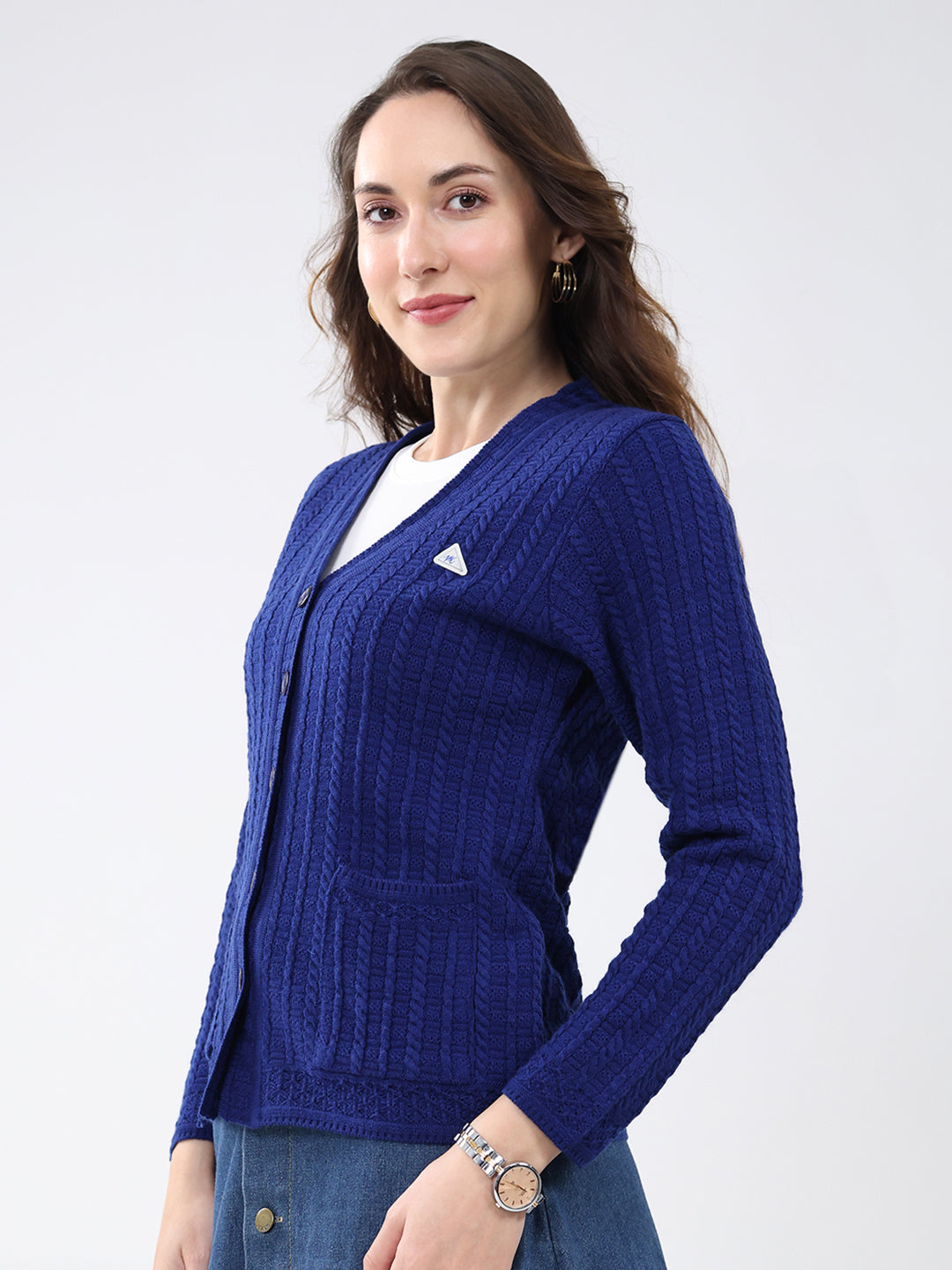 Women Blue Self Design V Neck Full Sleeve Cardigan