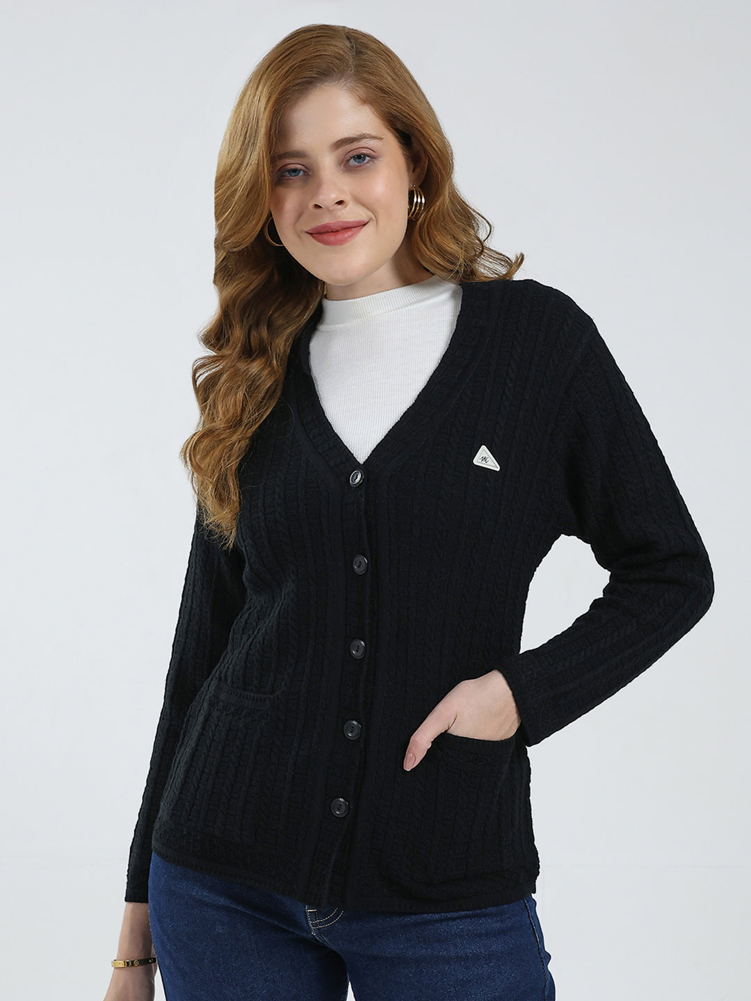 Women Black Self Design V Neck Full Sleeve Cardigan
