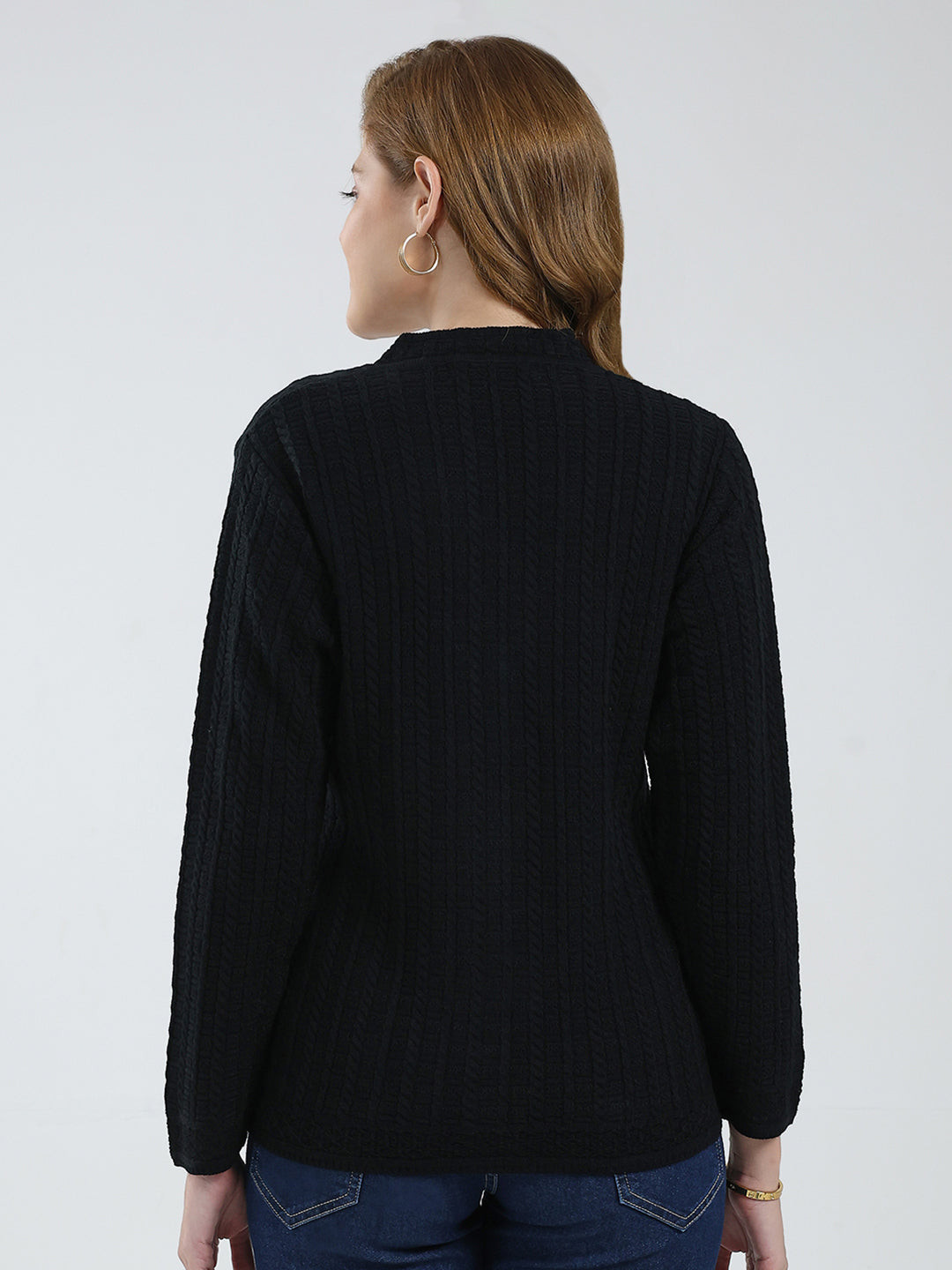 Women Black Self Design V Neck Full Sleeve Cardigan