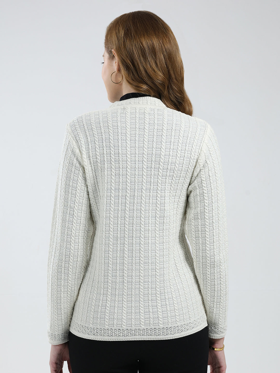 Women White Self Design V Neck Full Sleeve Cardigan