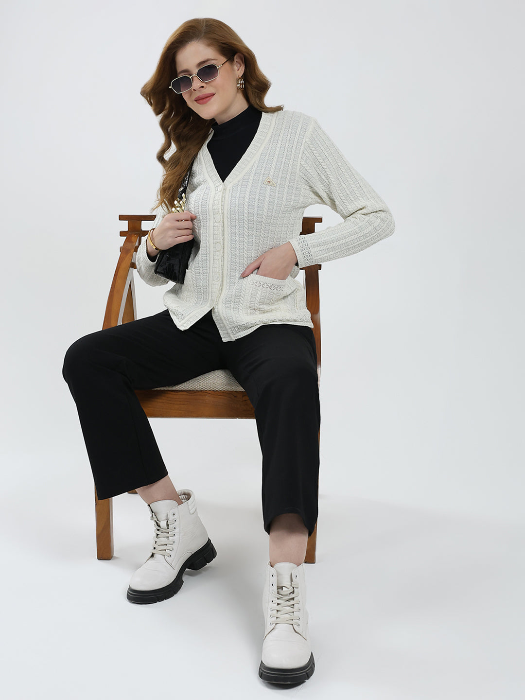 Women White Self Design V Neck Full Sleeve Cardigan