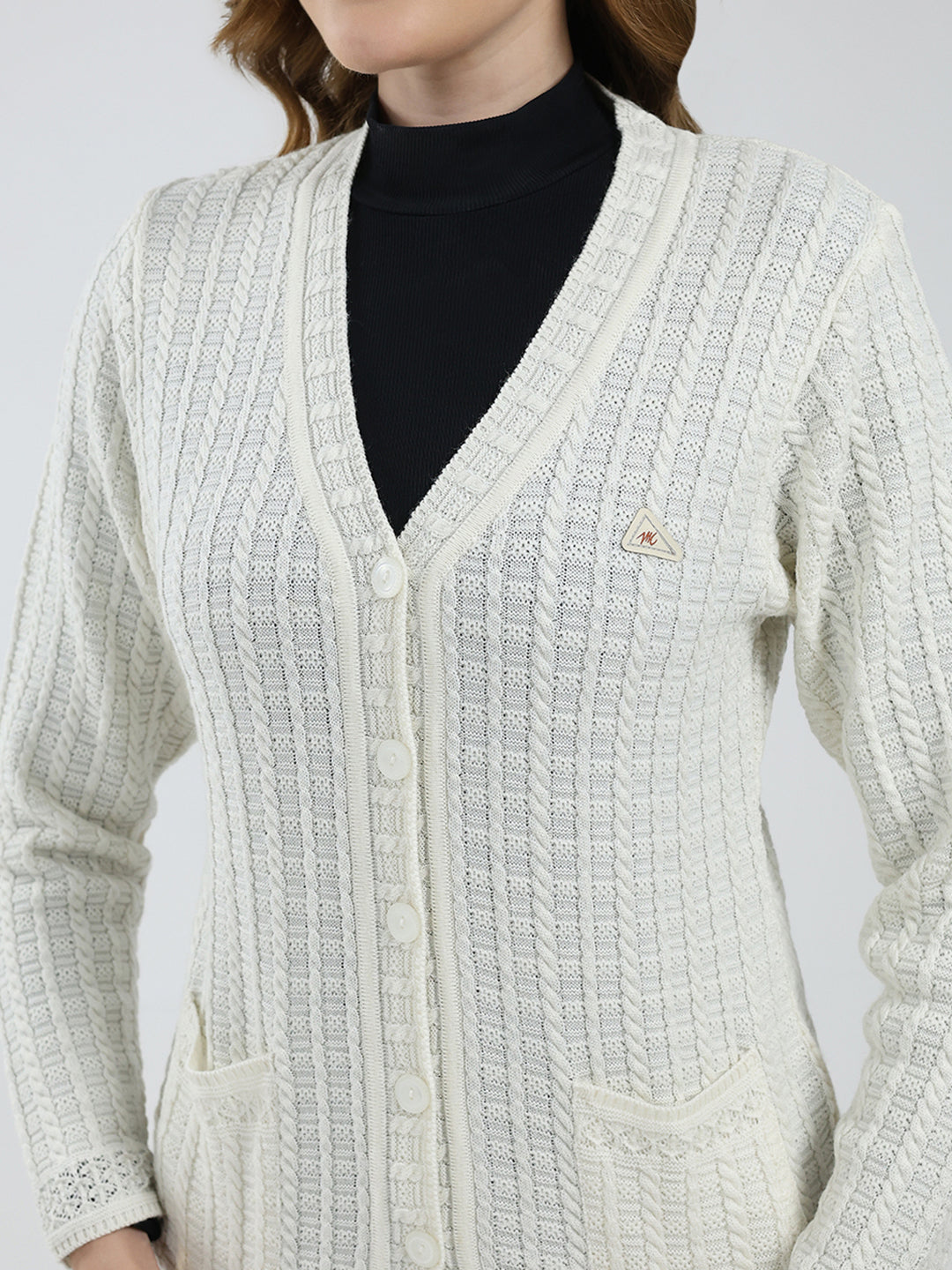 Women White Self Design V Neck Full Sleeve Cardigan