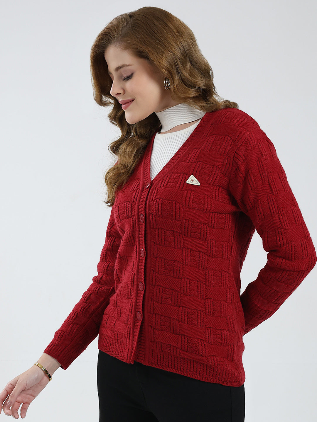 Women Red Self Design V Neck Full Sleeve Cardigan