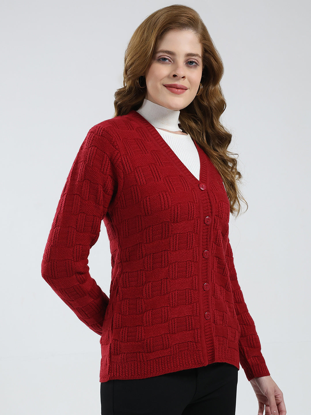Women Red Self Design V Neck Full Sleeve Cardigan