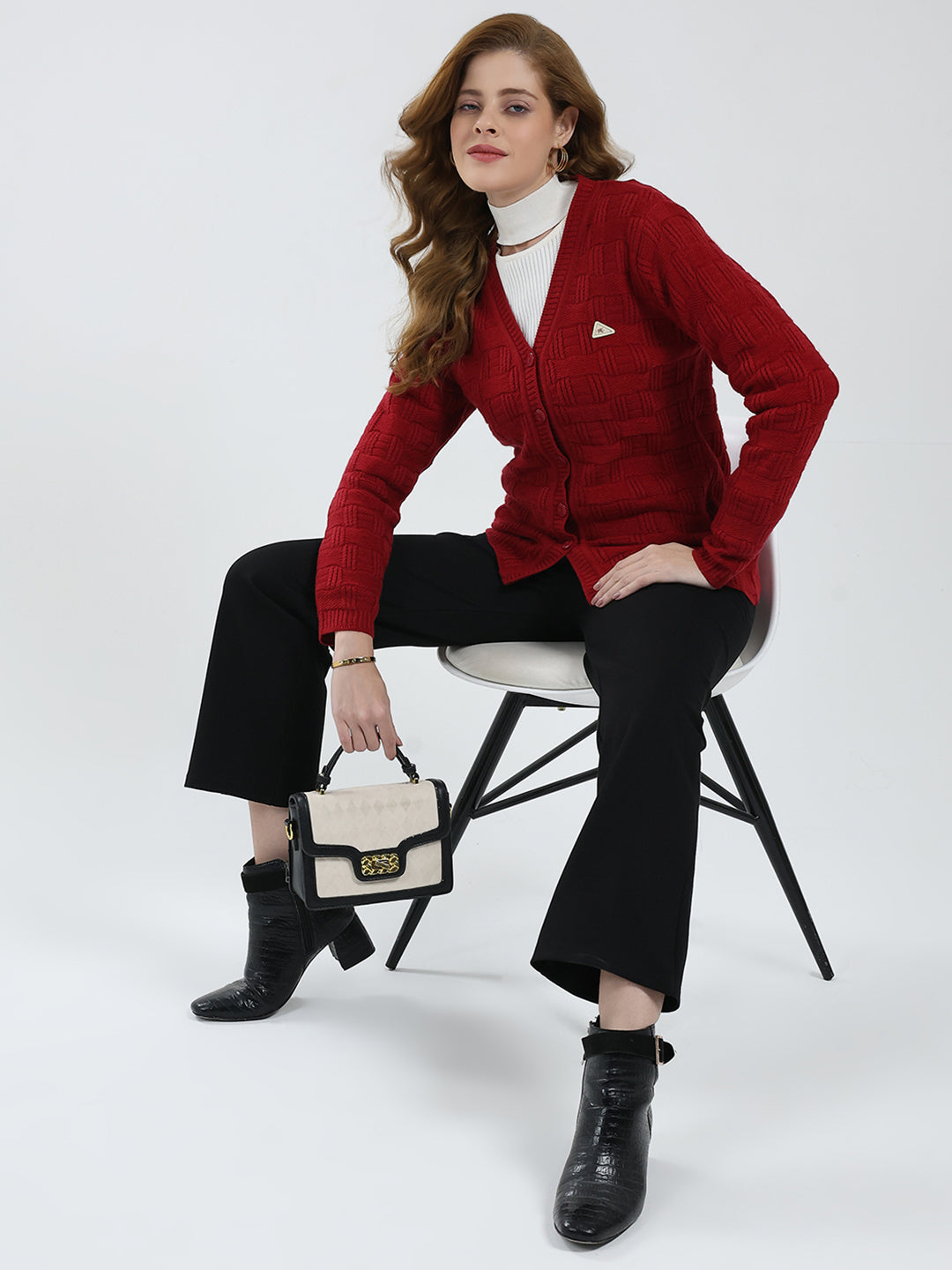 Women Red Self Design V Neck Full Sleeve Cardigan