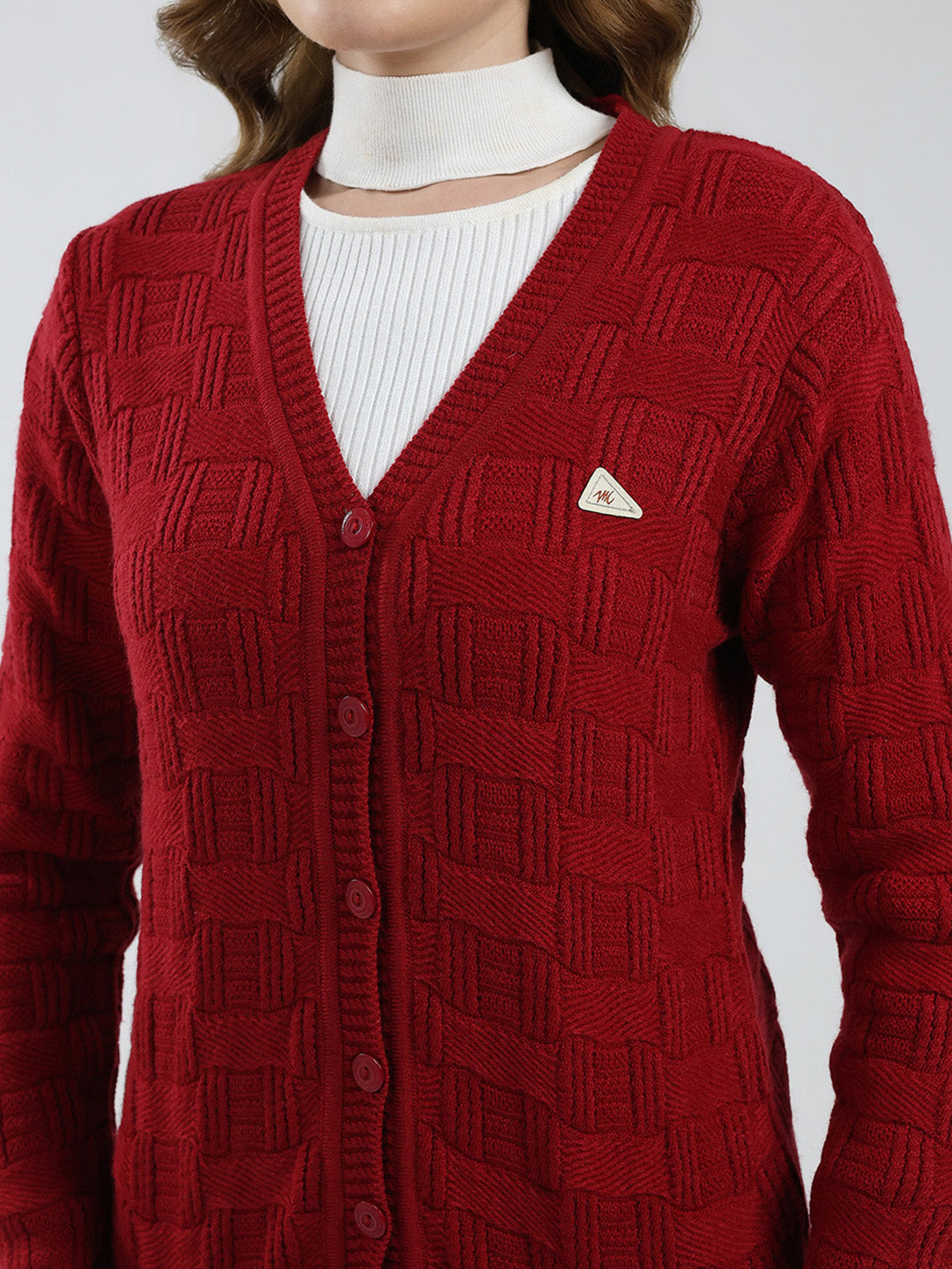 Women Red Self Design V Neck Full Sleeve Cardigan