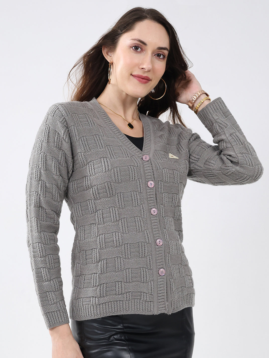 Women Grey Self Design V Neck Full Sleeve Cardigan