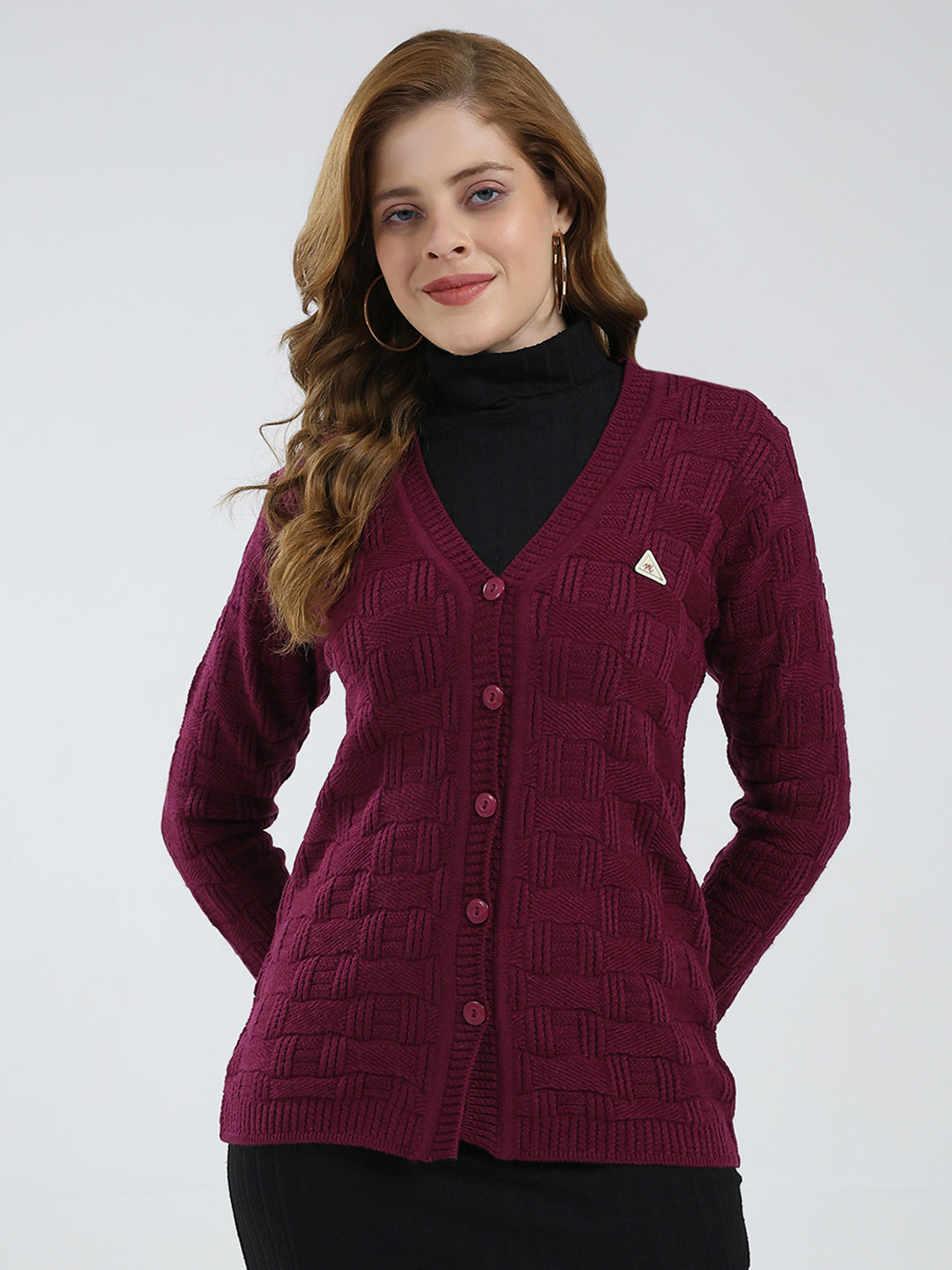 Women Purple Self Design V Neck Full Sleeve Cardigan