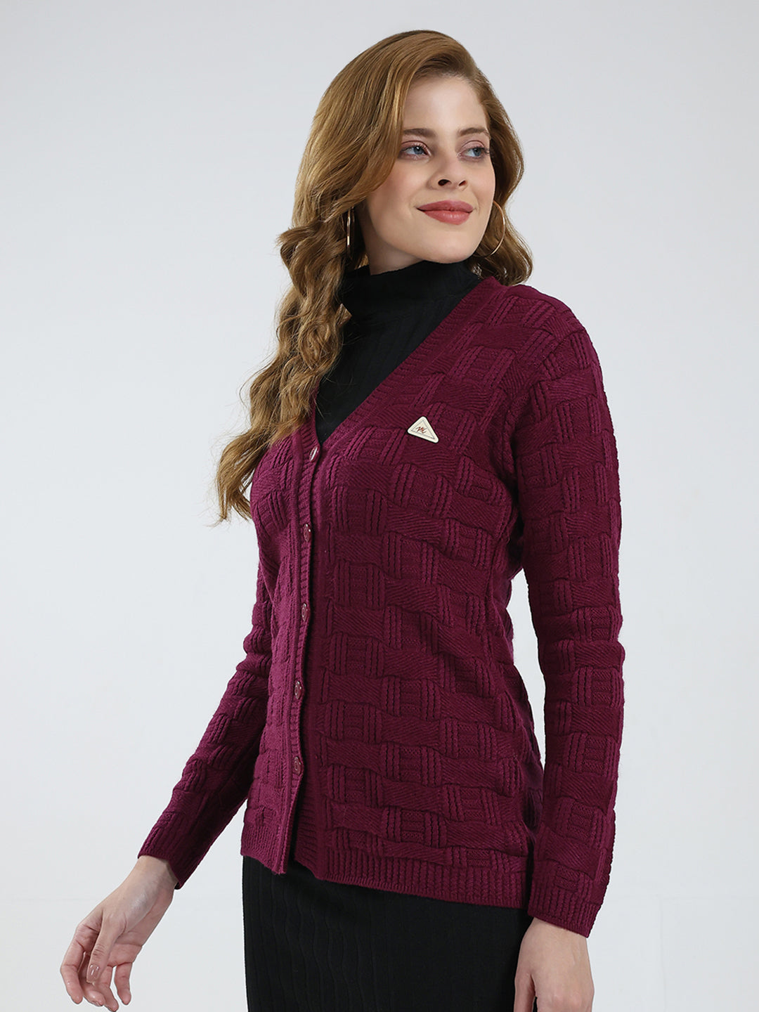Women Purple Self Design V Neck Full Sleeve Cardigan