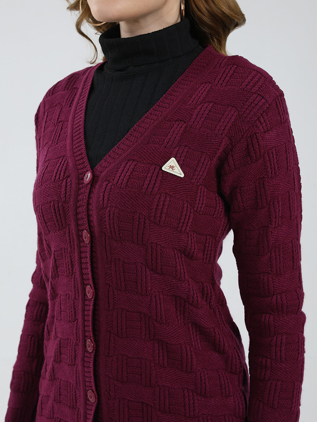 Women Purple Self Design V Neck Full Sleeve Cardigan