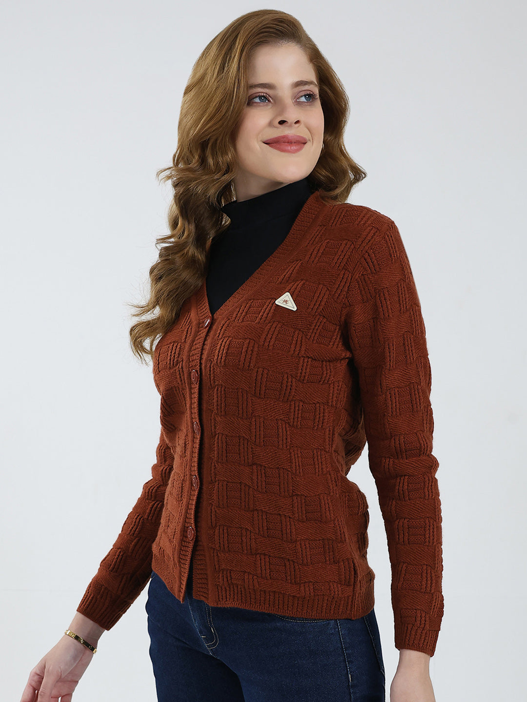 Women Brown Self Design V Neck Full Sleeve Cardigan