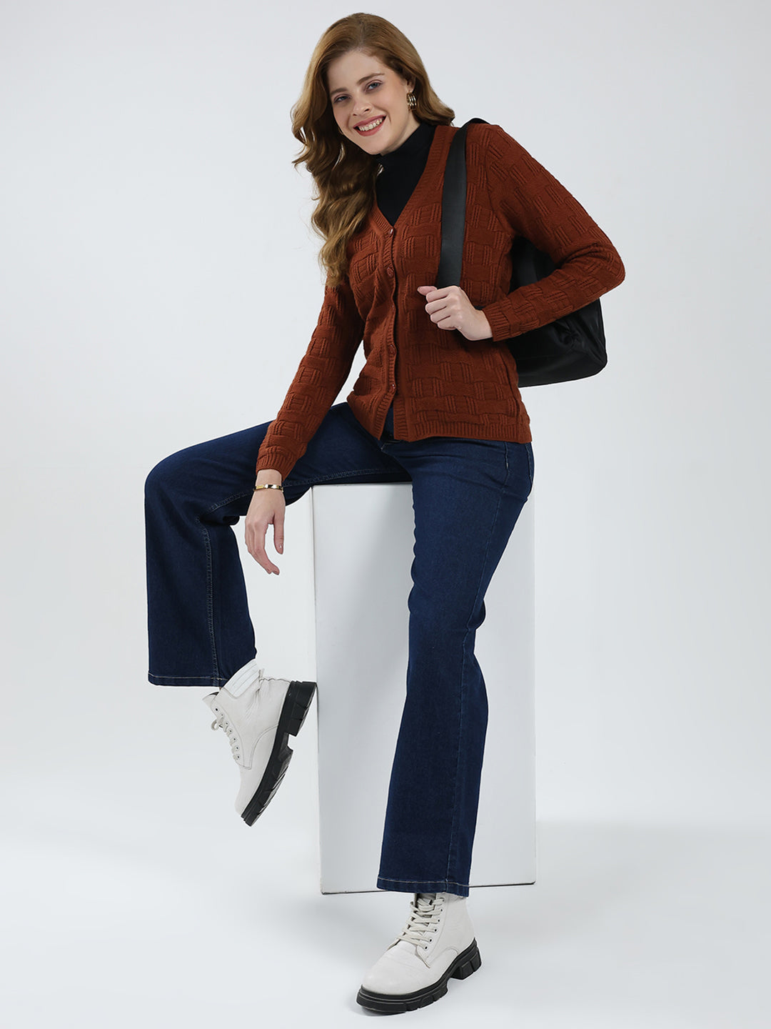Women Brown Self Design V Neck Full Sleeve Cardigan