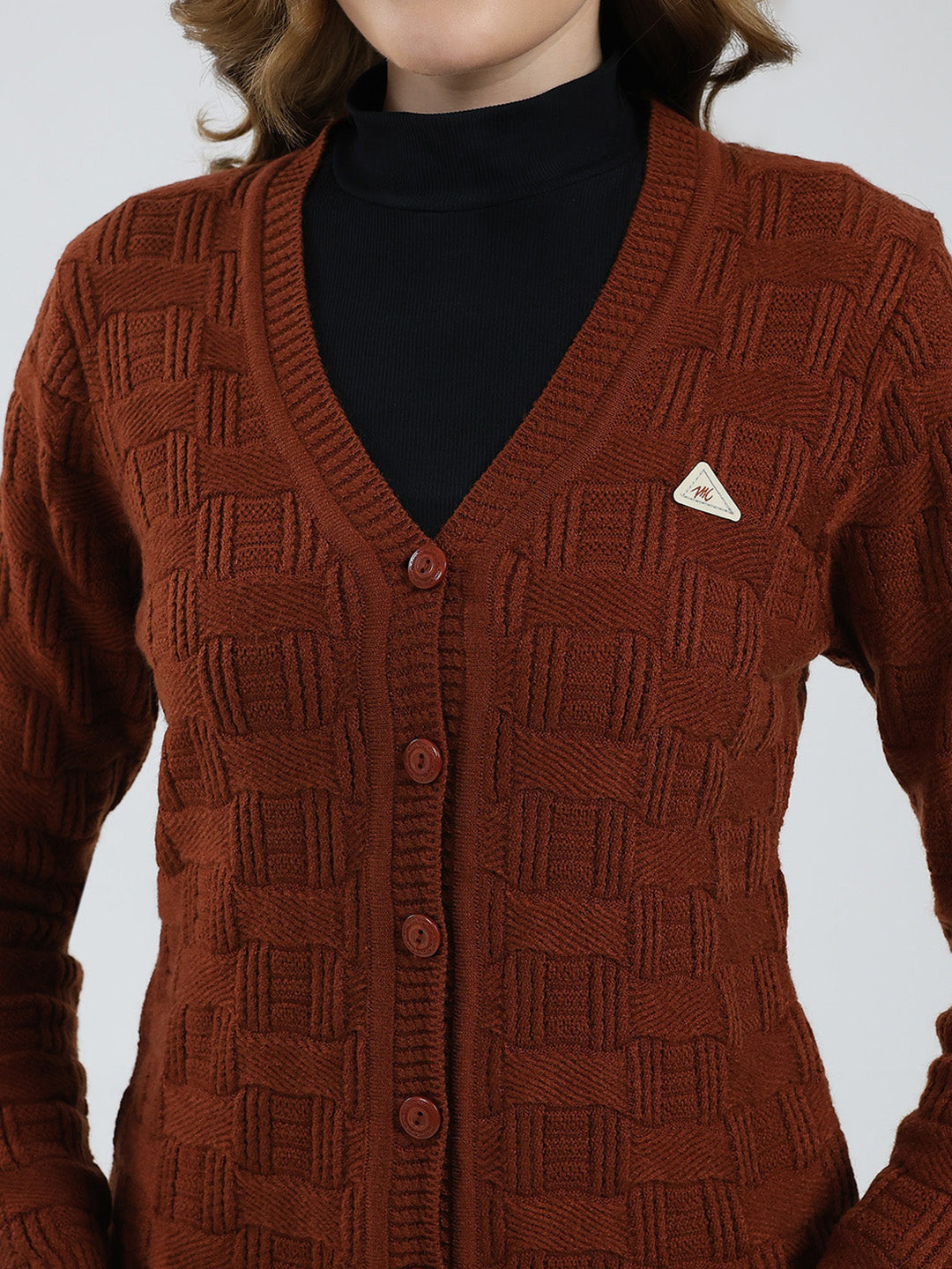 Women Brown Self Design V Neck Full Sleeve Cardigan
