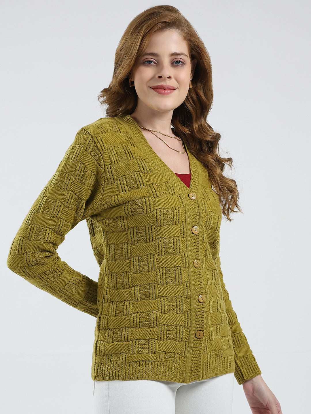 Women Mustard Self Design V Neck Full Sleeve Cardigan