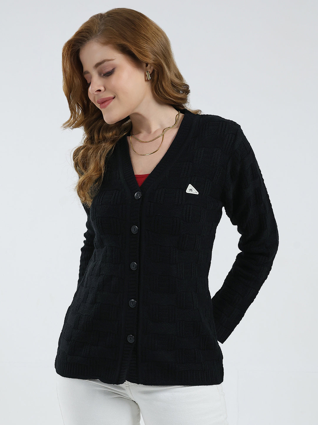 Women Black Self Design V Neck Full Sleeve Cardigan