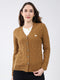 Women Mustard Self Design V Neck Full Sleeve Cardigan
