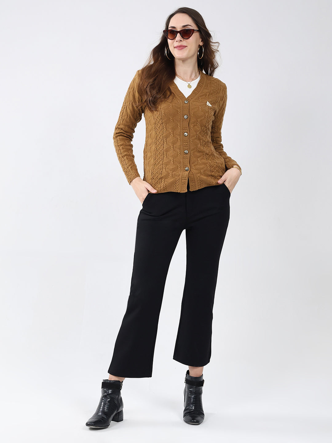 Women Mustard Self Design V Neck Full Sleeve Cardigan