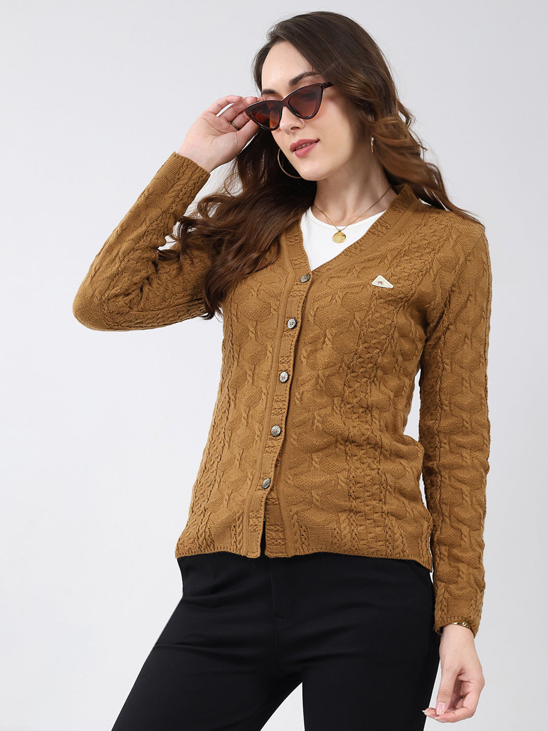 Women Mustard Self Design V Neck Full Sleeve Cardigan