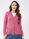 Women Pink Self Design V Neck Full Sleeve Cardigan